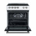 Front view of the Forno 30-inch electric range in white with the oven door open, revealing a spacious interior with multiple wire racks and a black enamel finish, designed for versatile cooking needs.