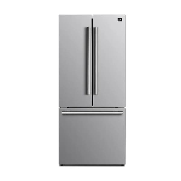 Front view of the FORNO 30-inch French door refrigerator from the 2-Piece Appliance Package, featuring a sleek stainless steel finish, double doors with vertical handles, and a bottom freezer drawer—offering a modern, space-efficient design for contemporary kitchens.