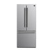 Front view of the FORNO 30-inch French door refrigerator from the 2-Piece Appliance Package, featuring a sleek stainless steel finish, double doors with vertical handles, and a bottom freezer drawer—offering a modern, space-efficient design for contemporary kitchens.
