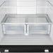 Close-up view of the crisper drawer inside the FORNO 30-inch French door refrigerator in black from the 2-Piece Appliance Package, featuring a transparent design with smooth gliding rails—ideal for keeping fruits and vegetables fresh and easily accessible.
