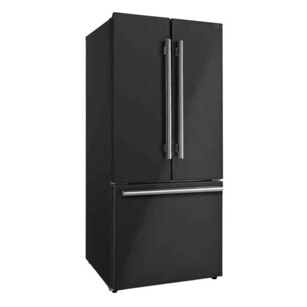 Front left angled view of the FORNO 30-inch French door refrigerator in black from the 2-Piece Appliance Package, showcasing its matte black finish, sleek vertical handles, and bottom freezer drawer—designed to complement contemporary kitchens with a bold, modern aesthetic.