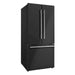 Front left angled view of the FORNO 30-inch French door refrigerator in black from the 2-Piece Appliance Package, showcasing its matte black finish, sleek vertical handles, and bottom freezer drawer—designed to complement contemporary kitchens with a bold, modern aesthetic.