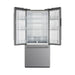 Front view of the Forno 30-inch French door refrigerator in stainless steel with both doors open, revealing a bright, organized interior with adjustable shelves, clear door bins, and dual crisper drawers for efficient food storage.