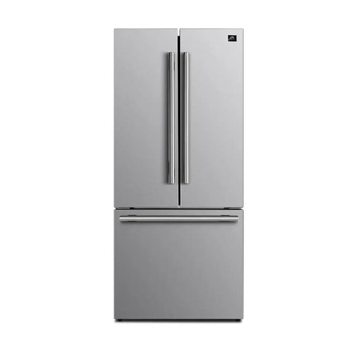 Front view of the Forno 30-inch French door refrigerator in stainless steel, featuring sleek double doors, a bottom freezer drawer, and minimalist handles for a modern, streamlined kitchen aesthetic.