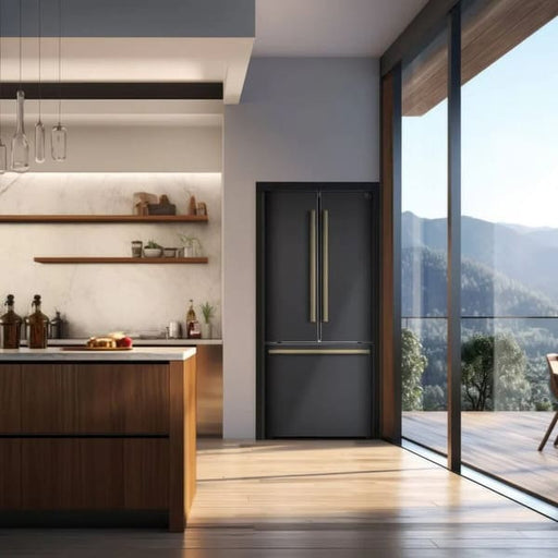 Lifestyle image of the FORNO 30-inch French door refrigerator from the 2-Piece Appliance Package, shown in a modern kitchen setting with stainless steel finish, double-door top section, and bottom freezer—blending seamlessly with contemporary décor and providing functional elegance.