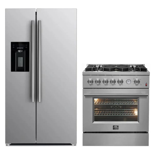 FORNO 2-piece appliance package featuring a 30-inch gas range and a 36-inch refrigerator with water dispenser, both in stainless steel, offering a coordinated and modern kitchen design.