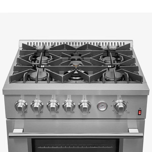 Top-down view of the cooktop on the FORNO 30-inch gas range from the 2-Piece Appliance Package, featuring four sealed burners with durable cast iron grates and a stainless steel surface—designed for precise heat control and everyday cooking performance