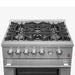Top-down view of the cooktop on the FORNO 30-inch gas range from the 2-Piece Appliance Package, featuring four sealed burners with durable cast iron grates and a stainless steel surface—designed for precise heat control and everyday cooking performance