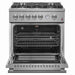 Front view of the FORNO 30-inch gas range from the 2-Piece Appliance Package with the oven door open, revealing a spacious stainless steel oven cavity, multiple rack positions, and interior lighting—designed for versatile, high-performance baking and roasting.