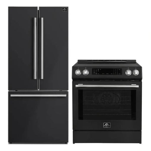  FORNO 2-piece appliance package featuring a 30-Inch Induction Range and a 30-Inch French Door Refrigerator in Black, displayed together with matching black finishes for a sleek and cohesive modern kitchen design.