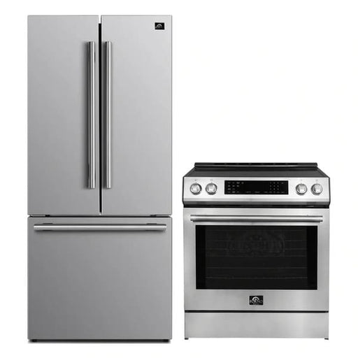 FORNO 2-piece appliance package featuring a 30-inch induction range and a 30-inch French door refrigerator in stainless steel, shown side by side in a kitchen setting.