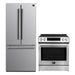 FORNO 2-piece appliance package featuring a 30-inch induction range and a 30-inch French door refrigerator in stainless steel, shown side by side in a kitchen setting.
