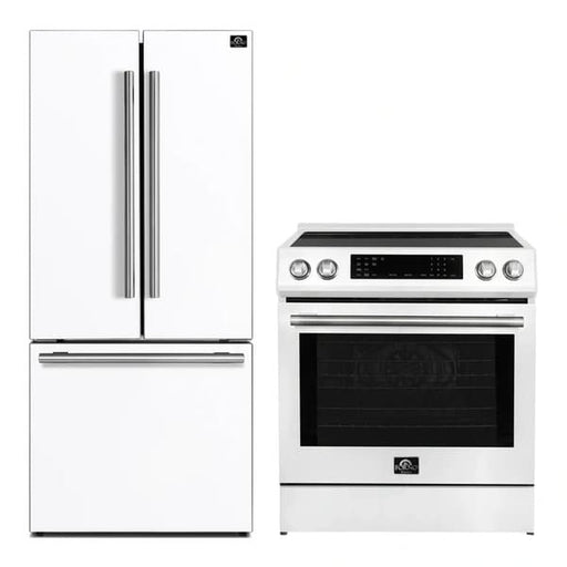 FORNO 2-piece appliance package featuring a 30-Inch Induction Range and a 30-Inch French Door Refrigerator in White, displayed together in a coordinated kitchen setting with matching finishes and modern design.