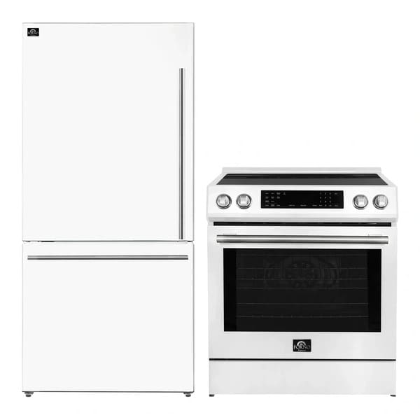 FORNO 2-Piece Appliance Package featuring a 30-inch induction range and a 31-inch left-hinge refrigerator, both in sleek white finish, displayed side by side in a modern kitchen setting.