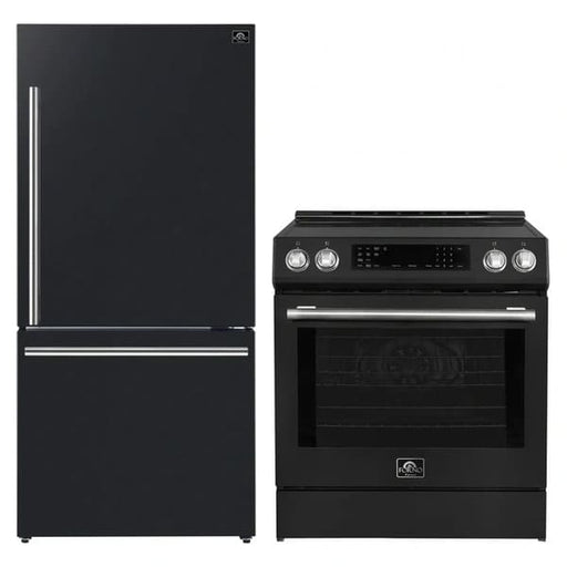FORNO 2-piece appliance package featuring a 30-Inch Induction Range and a 31-Inch Right-Hinge Refrigerator in Black, shown together with matching finishes for a cohesive, modern kitchen design.