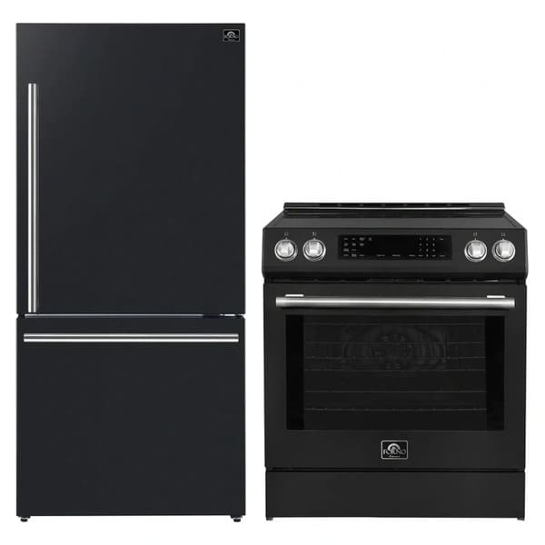 FORNO 2-piece appliance package featuring a 30-Inch Induction Range and a 31-Inch Right-Hinge Refrigerator in Black, shown together with matching finishes for a cohesive, modern kitchen design.