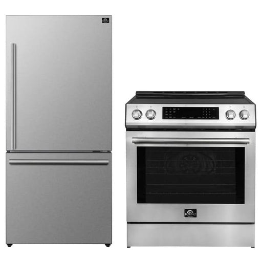 FORNO 2-piece appliance package featuring a 30-inch induction range and a 31-inch right-hinge refrigerator in stainless steel, offering a sleek and modern kitchen solution with energy-efficient cooking and spacious refrigeration.