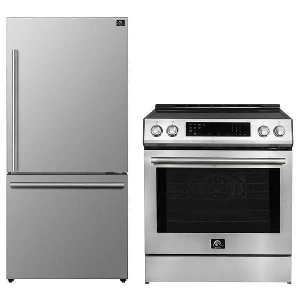 FORNO 2-piece appliance package featuring a 30-inch induction range and a 31-inch right-hinge refrigerator in stainless steel, offering a sleek and modern kitchen solution with energy-efficient cooking and spacious refrigeration.