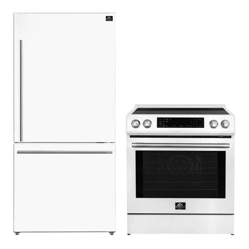 FORNO 2-piece appliance package featuring a 30-inch induction range and a 31-inch right-hinge refrigerator in a sleek white finish, offering a modern and cohesive kitchen setup.