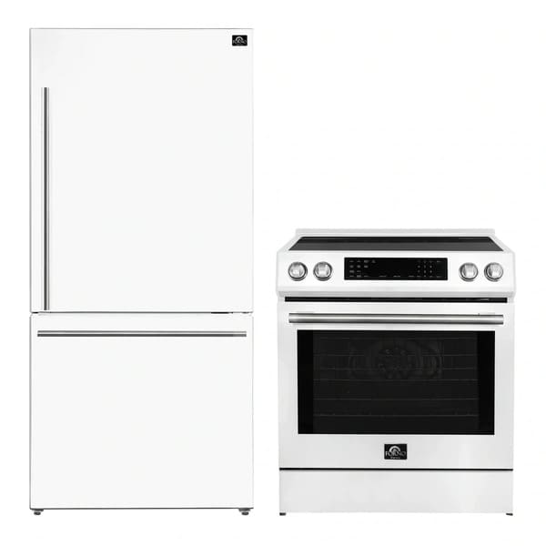 FORNO 2-piece appliance package featuring a 30-inch induction range and a 31-inch right-hinge refrigerator in a sleek white finish, offering a modern and cohesive kitchen setup.