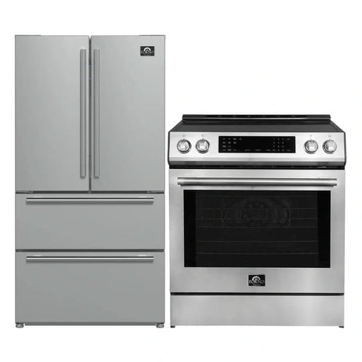 FORNO 2-piece appliance package featuring a 30-inch induction range and a 36-inch French door refrigerator in stainless steel, offering a sleek and energy-efficient kitchen setup with modern design and spacious storage.