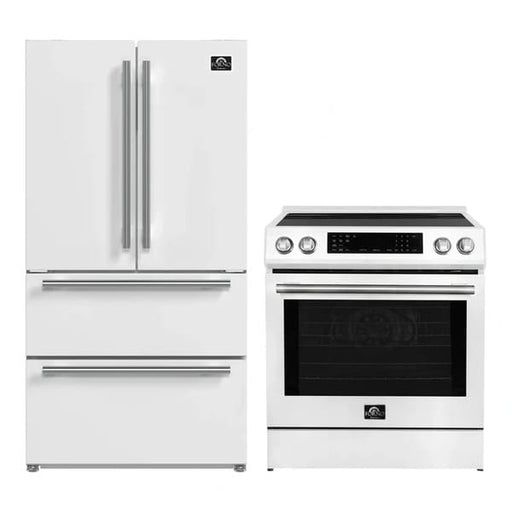 FORNO 2-Piece Appliance Package in white, featuring a 30-inch induction range and a 36-inch French door refrigerator with a sleek, modern finish—designed for a cohesive and stylish kitchen upgrade.