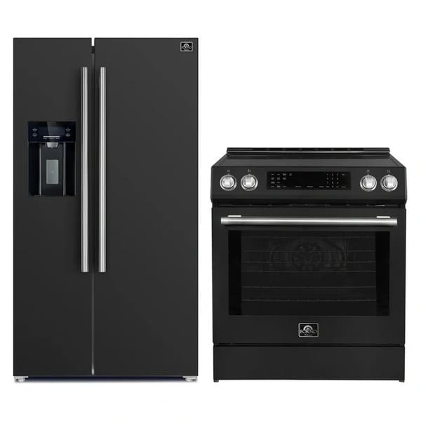 FORNO 2-piece appliance package featuring a 30-Inch Induction Range and a 36-Inch Side-by-Side Refrigerator with Water Dispenser in Black, presented together with matching finishes for a sleek, contemporary kitchen setup.