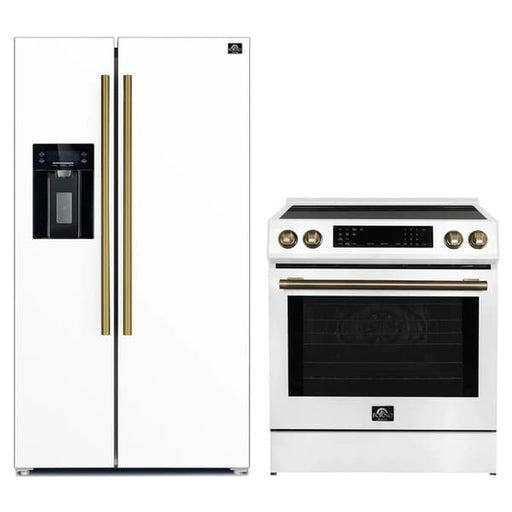 FORNO 2-piece appliance package featuring a 30-Inch Induction Range and a 36-Inch Side-by-Side Refrigerator with Water Dispenser in White, displayed in a modern kitchen setting with matching finishes and contemporary styling.