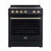 Front view of the Forno 30-inch Leonardo electric range in black with antique brass knobs and trim, showcasing a sleek design with a large oven window and smooth cooktop surface.
