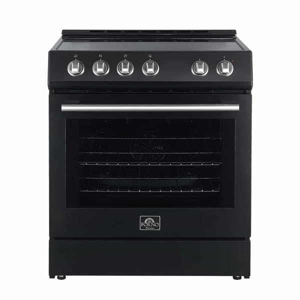 Front view of the Forno 30-inch Leonardo Espresso electric range, showcasing a sleek black finish, a large oven window, and a smooth ceramic glass cooktop.