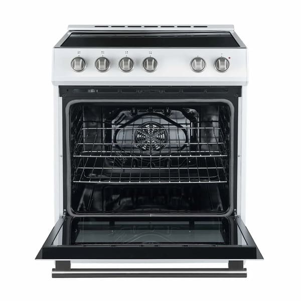 Front view of the Forno 30-inch Leonardo Espresso electric range in white with the oven door open, revealing a spacious black enamel interior with multiple rack positions and antique brass hardware for a touch of elegance.