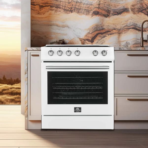 Forno 30-inch Leonardo Espresso electric range in a white finish, shown in a stylish kitchen setting with antique brass accents, a smooth cooktop, and classic-meets-modern design elements blending seamlessly into the décor.