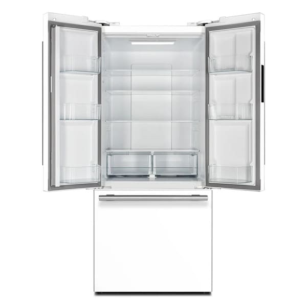Front view of the Forno 30-inch refrigerator in white with the door open, revealing a well-organized interior with adjustable glass shelves, clear door bins, and spacious storage compartments
