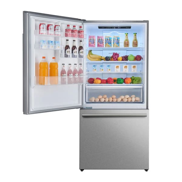 FORNO 31-inch left-hinge refrigerator in stainless steel shown with door open, revealing organized interior storage with shelves, bins, and drawers.