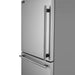 Close-up view of the FORNO 31-inch refrigerator in stainless steel showing the sleek left-hinge door and side-mounted handles.