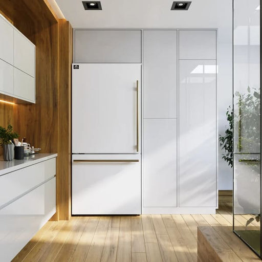 Lifestyle view of the Forno 31-inch refrigerator with left-hinge door in a white finish, seamlessly integrated into a modern kitchen setting with clean lines, contemporary cabinetry, and coordinated appliances.