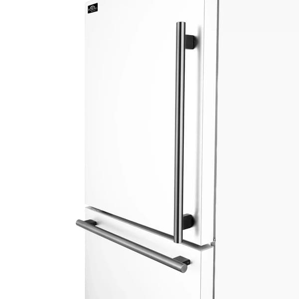 Side view of the Forno 31-inch left-hinge refrigerator in white, highlighting the sleek antique brass handles that add a touch of elegance and contrast to the minimalist appliance design.