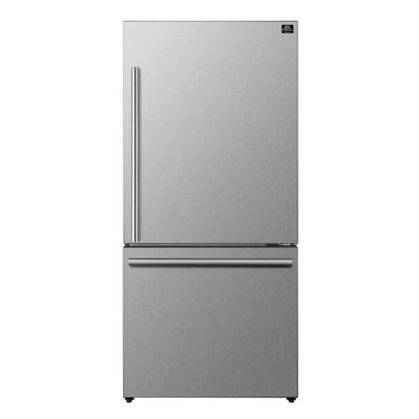 Front view of the FORNO 31-inch right-hinge refrigerator in stainless steel, featuring a sleek single-door design with a minimalist exterior and modern finish.