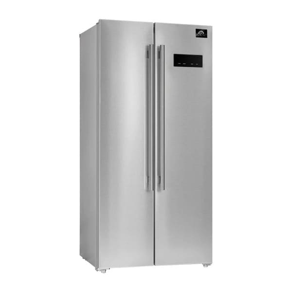 Front left-angled view of the FORNO 33-inch side-by-side refrigerator in stainless steel, showcasing the sleek double-door design and contemporary finish.