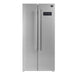 Front view of the FORNO 33-inch side-by-side refrigerator in stainless steel, featuring vertical double doors, a modern finish, and spacious interior storage.