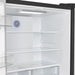 Interior view of the Forno 36-inch French door refrigerator showing the crisper drawers and adjustable glass shelves, designed for organized and flexible food storage.
