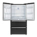 Front view of the Forno 36-inch French door refrigerator with both doors open, revealing spacious interior storage with adjustable glass shelves, door bins, and crispers, in a sleek black finish with antique brass handles.