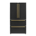 Front view of the Forno 36-inch French door refrigerator in black with antique brass handles, featuring double doors, a bottom freezer drawer, and a sleek, modern design.