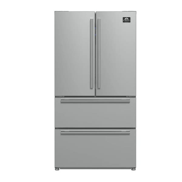 Front view of the FORNO 36-inch French door refrigerator in stainless steel, highlighting the smooth finish, double doors, and bottom freezer drawer.