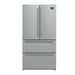 Front view of the FORNO 36-inch French door refrigerator in stainless steel, highlighting the smooth finish, double doors, and bottom freezer drawer.
