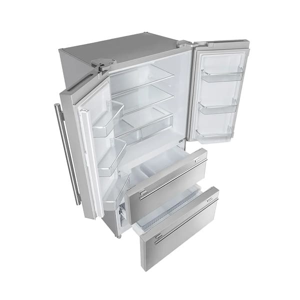 Left-angled view of the FORNO 36-inch French door refrigerator in stainless steel with both doors open, showcasing interior shelves, bins, and freezer drawer for organized storage.
