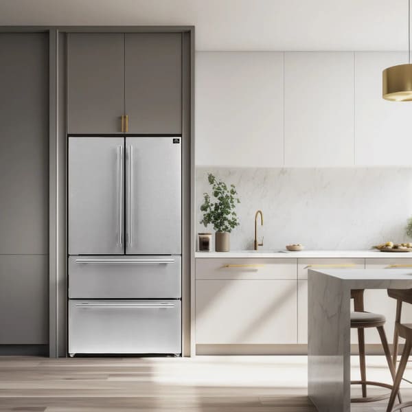 FORNO 36-inch French door refrigerator in stainless steel, featured in a modern kitchen setting, showcasing its sleek exterior, spacious design, and contemporary appeal.