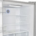 Close-up view of the interior shelves in the FORNO 36-inch French door refrigerator in stainless steel, featuring adjustable glass shelving for customizable food storage.