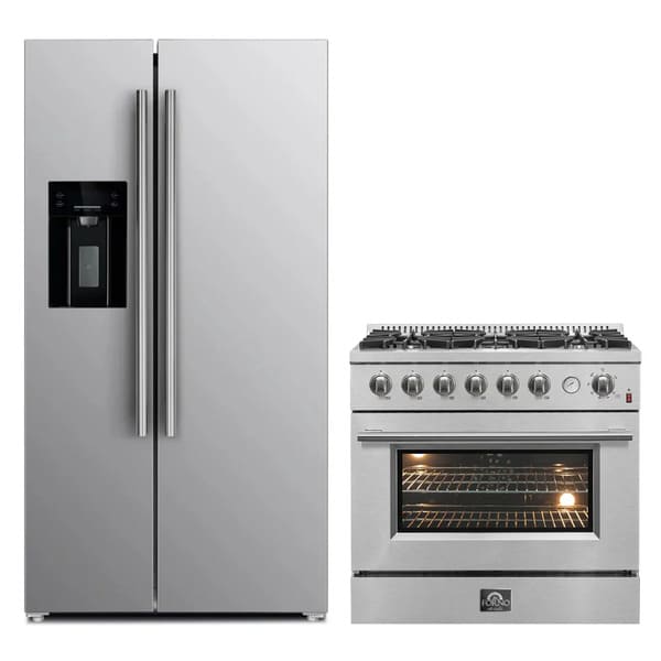 FORNO 2-piece appliance package featuring a 36-inch gas range and a 36-inch refrigerator with water dispenser, both in stainless steel, providing a stylish and coordinated kitchen setup.