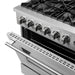 Close-up of the oven door vent on the FORNO 36-inch gas range in stainless steel, highlighting the vent design for proper heat circulation and sleek exterior detailing.